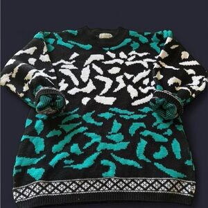 American Vintage Black, White & Teal Mixed-Pattern Crewneck Sweater